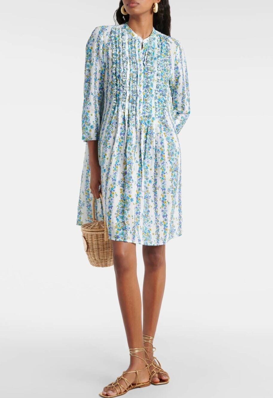 Poupette St Barth Bea Floral Cotton Minidress Coverup Blue Floral Shirt Button